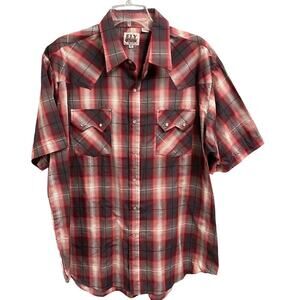 Ely Cattleman Vintage Red Plaid Pearl Snap Size XL Short Sleeve Western Cowboy